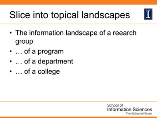 Slice into topical landscapes
• The information landscape of a reearch
group
• … of a program
• … of a department
• … of a college
 
