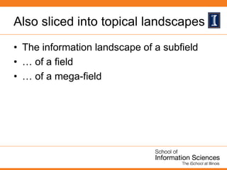 Also sliced into topical landscapes
• The information landscape of a subfield
• … of a field
• … of a mega-field
 