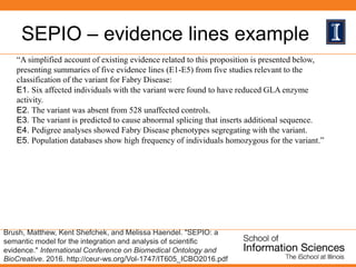 SEPIO – evidence lines example
Brush, Matthew, Kent Shefchek, and Melissa Haendel. "SEPIO: a
semantic model for the integration and analysis of scientific
evidence." International Conference on Biomedical Ontology and
BioCreative. 2016. http://ceur-ws.org/Vol-1747/IT605_ICBO2016.pdf
“A simplified account of existing evidence related to this proposition is presented below,
presenting summaries of five evidence lines (E1-E5) from five studies relevant to the
classification of the variant for Fabry Disease:
E1. Six affected individuals with the variant were found to have reduced GLA enzyme
activity.
E2. The variant was absent from 528 unaffected controls.
E3. The variant is predicted to cause abnormal splicing that inserts additional sequence.
E4. Pedigree analyses showed Fabry Disease phenotypes segregating with the variant.
E5. Population databases show high frequency of individuals homozygous for the variant.”
 