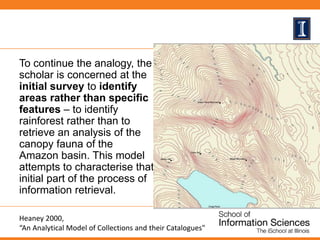 To continue the analogy, the
scholar is concerned at the
initial survey to identify
areas rather than specific
features – to identify
rainforest rather than to
retrieve an analysis of the
canopy fauna of the
Amazon basin. This model
attempts to characterise that
initial part of the process of
information retrieval.
Heaney 2000,
“An Analytical Model of Collections and their Catalogues"
 