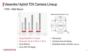 16
• Supporting M42 / F mounts
• Dimension: 60 ㎜  60 ㎜  36 ㎜
• Cost effective
• Up to 256 TDI stages
• Microscopy
• Compact size and design
• Dedicated strobe controller (optional)
[Mechanical Dimension in ㎜]
Vieworks Hybrid TDI Camera Lineup
VTDI - M42 Mount
 
