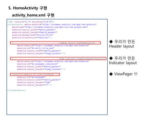 5. HomeActivity 구현
activity_home.xml 구현
◆ 우리가 만든
Header layout
◆ 우리가 만든
Indicator layout
◆ ViewPager !!!
 