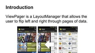 Introduction
ViewPager is a LayoutManager that allows the
user to flip left and right through pages of data.
 