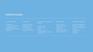 КОМПЕТЕНЦИИ
СТРАТЕГИЯ БРЕНДА
Исследования
Конкурентное окружение
Позиционирование
Коммуникативная стратегия
Ребрендинг
КОПИРАЙТИНГ
Разработка названия
Разработка слогана
Легенда бренда
Рекламные сценарии
Рекламные и PR-статьи
ВИЗУАЛЬНАЯ ИДЕНТИЧНОСТЬ
БРЕНДА
Логотип и Знак
Цветовая гамма
Шрифт
Форма упаковки
Стилеобразующий элемент
и персонаж
ДИЗАЙН БРЕНДА
Дизайн упаковки
Графический дизайн
Иллюстрации
Разведение на SKU
Коммуникационные зоны
Макеты и препресс
ПРОДВИЖЕНИЕ БРЕНДА
Концепция продвижения
Разработка основного
рекламного изображения
(Key-visual)
POS-матераилы
Брендбук
Гайдлайн
 