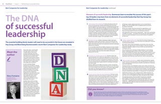 6   ViewPoint I Issue 3 I Performing in uncertain times

    Best Companies for Leadership                                                                    Best Companies for Leadership continued


                                                                                                     Elements of successful leadership. Businesses keen to emulate the success of this year’s


    The DNA                                                                                          top 20 leaders may learn from six elements of successful leadership that Hay Group has
                                                                                                     distilled from its research.



    of successful                                                                                    1 Create purpose-driven leadership. As well as focusing on their own                 (i) The large, complex, global organizations such as General Electric,
                                                                                                       success over the past year, leading organizations have also been                   WalMart, Coca-Cola and IBM, excel at managing a pool of successors
                                                                                                         investing signiﬁcant time and resources in building partnerships with            for mission-critical roles.
                                                                                                         others to address major global challenges. Procter and Gamble’s new
                                                                                                                                                                                          (i i) The more modern, learning-oriented, fun organizations, such
                                                                                                         vision is to “touch more lives more completely in more parts of the world,”
                                                                                                                                                                                          as Southwest Airlines, zappos.com and Ikea, don’t punish failure,
                                                                                                         and one of the ﬁrst questions CEO Bob McDonald asks when he talks
                                                                                                                                                                                          they encourage people to have fun and talk about emotions.




    leadership
                                                                                                         to his leaders is: “What are you doing in your leadership outside the
                                                                                                         company?” Similarly, ‘community empathy’ is an important value                   (i ii) Collaborative and innovation organizations – 3M, Procter and Gamble
                                                                                                         in Infosys, where all individuals, whether formal or informal leaders,           and ABB, for example – accomplish work through self-organizing project
                                                                                                         are asked what they can contribute to society and are encouraged to              teams and expect individuals to come up with solutions to problems
                                                                                                         see their work within a larger, more meaningful, context.                        on their own.



                                                                                                     2 Win hearts andleaders In ﬂatter, increasingly complex authority over
                                                                                                       organizations,
                                                                                                                      minds.
                                                                                                                             often lack direct control and
                                                                                                                                                             matrix-type               5 execution doesn’t thinking skills. IfFocusing on the rightstrategy, essential
                                                                                                                                                                                         Develop strategic
                                                                                                                                                                                                           help you much.
                                                                                                                                                                                                                              you have the wrong
                                                                                                                                                                                                                                                    goals is
                                                                                                                                                                                                                                                             great

    The essential building blocks leaders will need to be successful in the future are revealed in       people they need to help them drive performance. In order to win                 to driving up performance.
                                                                                                         hearts and minds they need to be inspirational, and feel comfortable
    Hay Group and Bloomberg Businessweek’s recent Best Companies for Leadership study.                   dealing with ambiguity.
                                                                                                                                                                                          But leaders need to think strategically and tactically at the same time.
                                                                                                                                                                                          They need to be agile learners, with the ability to shed old mindsets and
                                                                                                         It is no coincidence that the Top 20 Best Companies are more matrixed            look further aﬁeld for insights on how to tackle new and unforeseen
                                                                                                         and cross-functional than the rest. Therefore the issues leaders address         challenges, quickly.
                              Aware that major, unpredictable                                            often cut across organizational silos, which encourages them to think in         One of the best ways to develop strategic thinking is to give aspiring
                                                                                                         a more enterprise-wide way, fosters joint problem solving and
     Meet the
                              and high-impact events will be                                                                                                                              leaders challenging opportunities as early in their careers as possible.
                              a regular feature of the future                                            helps prevent ‘turf wars’.                                                       Procter and Gamble, for example, hires people with the potential to move

     author
                              economic landscape, they have                                                                                                                               up at least two levels in the organization and gives them the experience
                              identiﬁed the key attributes leaders                                                                                                                        to help them develop. For their high-potential leaders they identify
                              will need to be successful in the                                       3 promoting leaders from within the organization is both more cost
                                                                                                        Treat talent as a strategic corporate asset. Research shows that                  ‘destination roles’ that they could move into in ﬁve to seven years’ time.
                              new world, and the kind of cultures
                              needed to nurture them. In essence,                                        eﬀective and more successful than hiring from the outside, and the
                              those qualities and cultures are ones                                      Top 20 have been at pains to build bench strength for critical roles.
                              that help to both engage people                                            This not only increases the candidate pool for leadership positions,          6 Teach your leadersoftothe best waysLeaders need to develop is to teach it to
                                                                                                                                                                                         to learn and one
                                                                                                                                                                                                                be teachers.
                                                                                                                                                                                                                             to learn something new
                                                                                                                                                                                                                                                    their capacity

                              and enable them to perform.                                                but also provides growth opportunities for individuals and makes
                                                                                                         them feel valued.                                                                others. Coaching and mentoring are, therefore, key elements in fostering
                              As well as prizing strategic                                                                                                                                successful leadership.
                                                                                                         Between 2008 and 2010 ABB increased the number of leadership
                              thinking over the ability to execute,                                                                                                                       Southwest Airlines uses ‘embedded coaches’, who usually come from one
                                                                                                         development initiatives by 88 per cent, despite an across-the-board
                              the Best Companies are also looking                                                                                                                         part of the business and act like personal trainers in another. And last year,
                                                                                                         cut in costs of 30 per cent. Some 90 per cent of these opportunities
                              resolutely to the future rather than                                                                                                                        despite the meltdown in the ﬁnancial services industry, 152 senior leaders
                                                                                                         were taken up, indicating the appetite for development from
                              being preoccupied with the past,                                                                                                                            functioned as teachers at the Goldman Sachs University. The bank believes
                                                                                                         individuals despite the diﬃcult economic environment.
                              and favor inspirational leadership                                                                                                                          that part of leadership responsibility is to help grow the next generation.
                              above technical competence.
                              Signiﬁcantly, even during the tough                                                                                                                         Signiﬁcantly, the best-in-class companies had a higher proportion of
                                                                                                                                                                                          women in senior leadership roles. Women tend to use a coaching style
                              times they continued to nurture
                              their leadership talent, which
                                                                                                     4   Use your culture to drive and sustain development. The best-in-class
                                                                                                         organizations place the same emphasis on behaviors and cultures                  more than men, so are arguably better able to develop the skills of others.
     Mary Fontaine            helped drive engagement as                                                 as they do on results, and are passionate about creating cultures                The leadership practices of the Top 20 Best Companies for Leadership
     Managing director,       well as positioning them to take                                           that support and sustain leadership. There is no one ‘culture’                   feed through to the bottom line. In terms of shareholder return,
     leadership and talent,   advantage of the upturn.                                                   that guarantees leadership success: what is important is that an                 they signiﬁcantly outperformed the S&P 500 index, both in the short and
     Hay Group                                                                                           organization has a culture and that it is aligned with the overall               longer term – suggesting that the kind of leadership that fosters employee
                              Another major trend to emerge
                                                                                                         strategy. However, some culture ‘patterns’ emerged from the Top 20               engagement and enablement helps drive performance even during
                              from this year’s research is a keen
                                                                                                         Best Companies. Here are some examples of how diﬀerent cultures                  the most diﬃcult times.
                              recognition of the broader societal
                                                                                                         determine leadership development in particular organizations. >>
                              role that organizations and their
                              leaders have to play in helping to
                              address major global environmental
                              and social challenges. The additional
                              sense of purpose employees feel by                                       Did you know?
                              being able to ‘do good’ at the same
                              time as ‘doing well’ at work helps to                                                   This year Hay Group teamed up with Bloomberg Businessweek to ﬁnd out what the Best Companies for Leadership are doing
                              foster the all-important engagement                                                     diﬀerently from their peers in order to drive performance during unprecedentedly challenging times. The research covered 1800
                              and ‘enablement’ that drive                                                             participants from over 1100 large, medium and small organizations across the world. For the ﬁrst time this year, the research
                              high-performance cultures.                                                              was extended from heads of talent management to all employees.
 