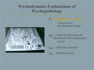 Psychodynamic Explanations of Psychopathology Fixation at a stage Unsuccessful developmental stage e.g . – Anal retentiveness & obsession with cleanliness OCD? e.g . – Neurotic anxiety e.g . – Moral anxiety  