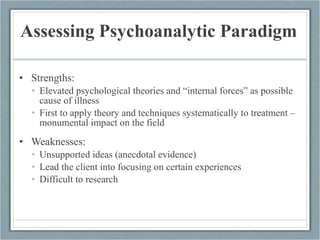 Assessing Psychoanalytic Paradigm Strengths: Elevated psychological theories and “internal forces” as possible cause of illness First to apply theory and techniques systematically to treatment – monumental impact on the field Weaknesses: Unsupported ideas (anecdotal evidence) Lead the client into focusing on certain experiences Difficult to research 