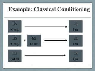 Example: Classical Conditioning UR Fear UR Fear US Gong NS Rabbit CS Rabbit CR Fear US Gong + 