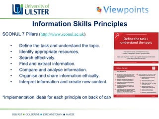 Information Skills Principles SCONUL 7 Pillars ( http://www.sconul.ac.uk ) Define the task and understand the topic. Identify appropriate resources. Search effectively. Find and extract information. Compare and analyse information. Organise and share information ethically. Interpret information and create new content. *Implementation ideas for each principle on back of cards. 