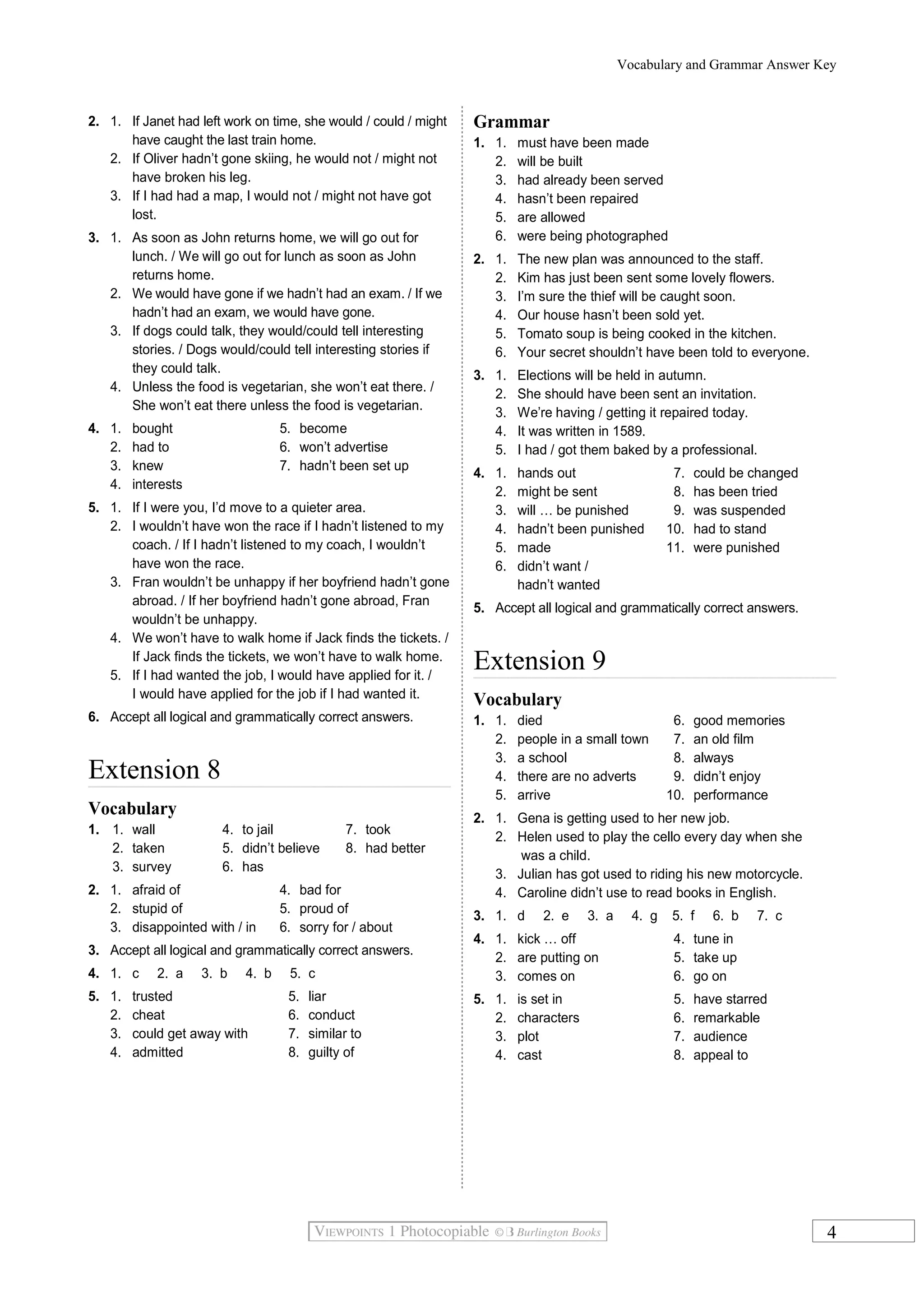 Vocabulary and Grammar Answer Key
2. 1. If Janet had left work on time, she would / could / might
have caught the last train home.
2. If Oliver hadn’t gone skiing, he would not / might not
have broken his leg.
3. If I had had a map, I would not / might not have got
lost.
3. 1. As soon as John returns home, we will go out for
lunch. / We will go out for lunch as soon as John
returns home.
2. We would have gone if we hadn’t had an exam. / If we
hadn’t had an exam, we would have gone.
3. If dogs could talk, they would/could tell interesting
stories. / Dogs would/could tell interesting stories if
they could talk.
4. Unless the food is vegetarian, she won’t eat there. /
She won’t eat there unless the food is vegetarian.
4. 1. bought 5. become
2. had to 6. won’t advertise
3. knew 7. hadn’t been set up
4. interests
5. 1. If I were you, I’d move to a quieter area.
2. I wouldn’t have won the race if I hadn’t listened to my
coach. / If I hadn’t listened to my coach, I wouldn’t
have won the race.
3. Fran wouldn’t be unhappy if her boyfriend hadn’t gone
abroad. / If her boyfriend hadn’t gone abroad, Fran
wouldn’t be unhappy.
4. We won’t have to walk home if Jack finds the tickets. /
If Jack finds the tickets, we won’t have to walk home.
5. If I had wanted the job, I would have applied for it. /
I would have applied for the job if I had wanted it.
6. Accept all logical and grammatically correct answers.
Extension 8
Vocabulary
1. 1. wall 4. to jail 7. took
2. taken 5. didn’t believe 8. had better
3. survey 6. has
2. 1. afraid of 4. bad for
2. stupid of 5. proud of
3. disappointed with / in 6. sorry for / about
3. Accept all logical and grammatically correct answers.
4. 1. c 2. a 3. b 4. b 5. c
5. 1. trusted 5. liar
2. cheat 6. conduct
3. could get away with 7. similar to
4. admitted 8. guilty of
Grammar
1. 1. must have been made
2. will be built
3. had already been served
4. hasn’t been repaired
5. are allowed
6. were being photographed
2. 1. The new plan was announced to the staff.
2. Kim has just been sent some lovely flowers.
3. I’m sure the thief will be caught soon.
4. Our house hasn’t been sold yet.
5. Tomato soup is being cooked in the kitchen.
6. Your secret shouldn’t have been told to everyone.
3. 1. Elections will be held in autumn.
2. She should have been sent an invitation.
3. We’re having / getting it repaired today.
4. It was written in 1589.
5. I had / got them baked by a professional.
4. 1. hands out 7. could be changed
2. might be sent 8. has been tried
3. will … be punished 9. was suspended
4. hadn’t been punished 10. had to stand
5. made 11. were punished
6. didn’t want /
hadn’t wanted
5. Accept all logical and grammatically correct answers.
Extension 9
Vocabulary
1. 1. died 6. good memories
2. people in a small town 7. an old film
3. a school 8. always
4. there are no adverts 9. didn’t enjoy
5. arrive 10. performance
2. 1. Gena is getting used to her new job.
2. Helen used to play the cello every day when she
was a child.
3. Julian has got used to riding his new motorcycle.
4. Caroline didn’t use to read books in English.
3. 1. d 2. e 3. a 4. g 5. f 6. b 7. c
4. 1. kick … off 4. tune in
2. are putting on 5. take up
3. comes on 6. go on
5. 1. is set in 5. have starred
2. characters 6. remarkable
3. plot 7. audience
4. cast 8. appeal to
4
 