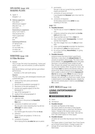 27
SPEAKING (page 109)
MAKING PLANS
1. Agree: 3
Disagree: 1, 2
2. Making suggestions
How about … ?
What do you suggest?
Why don’t we … ?
Let’s meet ...
Responding to suggestions
Sorry, I can’t make it.
That would be fine.
That’s a good idea!
All right.
Fine.
Expressing preferences
I’m dying to see …
I can’t stand …
I’m not really into …
I’d rather see …
I wouldn’t mind …
WRITING (page 110)
A Film Review
1. Positive
This is an epic film which has everything – history and
racism, action, war and romance, as well as beautiful
scenery.
Both Nicole Kidman and Hugh Jackman give brilliant
performances.
... Australia is a film well worth seeing
Negative
The film is very long, with stereotyped characters and
a predictable plot.
2. 1. names of the main actors and director
(paragraph 1)
2. general recommendations (paragraph 3)
3. description of the plot (paragraph 1)
5. positive and negative aspects of the film
(paragraph 2)
7. type of film (paragraph 1)
8. quality of the acting (paragraph 2)
3. Possible Answers
1. adjective order
The woman in the picture had beautiful
blue eyes.
2. connectors of addition and contrast
My new job is more interesting than my old one
although the salary is lower.
3. word order
Our teacher gave the results of the test to us.
4. reference
These trousers are gorgeous. I’d like to try
them on.
5. connectors of purpose
We’re taking the bus in order to save on petrol.
6. punctuation
She got in the car, turned the key, started the
engine and drove off.
7. connectors of cause and result
I was disappointed because I got a low mark for
my essay.
8. connectors of sequence
He fell asleep several times while he was
travelling on the train.
page 111
4. Possible Answers
1. The film was an instant hit due to its fantastic
cast.
2. A director noticed her acting talent and in the
end gave her a role.
3. Please ask Bob and Joe if this is their CD.
4. Italy is farther south. Consequently, it is much
warmer than England.
5. Your flat is bigger than ours. It’s also got more
light.
6. Listen carefully so as to remember her directions.
7. Her boyfriend is often too tired to go out.
8. It’s not your birthday. Nevertheless, I’m giving
you a present.
5. Possible Answers
Everyone knows that Harry Potter’s good friend,
Hermione, is very clever and always knows the
answers to questions about magic. The news is that
Emma Watson, the young British actress who plays
Hermione, is an extremely clever student as well.
Now 18 years old, people have asked how she did
so well in her A-levels. When she got her results, she
was thrilled and her parents and teachers were very
proud of her. What’s amazing is that she has often
been unable to attend school full-time because of /
due to her acting career. When she was in her last
year at school / During her last year at school, for
example, she only went to school once a week. Emma
is determined to continue her education, despite the
fact that she certainly doesn’t need to study to have /
for a career.
LIFE SKILLS (page 112)
USING ENTERTAINMENT
GUIDES
TASK QUESTIONS
1. Seven
2. 3rd Avenue
3. Possible Answer
I’d rather see Phantom of the Opera.
The closest station to the show is Times Square.
The best subway route is: Leave from 3rd Avenue
Station. Change at 6th Avenue station and use
underground walkway to 14th Street. Take red line
from 14th Street Station to Times Square
4. Possible Answer
I’d rather eat out at Wo Hop because I love Chinese
food.
The closest station is Canal Street. From Times Square
go to Grand Central Station. Change to green line
and get off at Canal Street station. Then walk to
Mott Street.
 