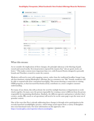 Neo@Ogilvy	
  Viewpoints	
  |	
  What	
  Facebook’s	
  New	
  Product	
  Offerings	
  Mean	
  for	
  Marketers	
  
                                                                                                                         	
  




What this means:
As we consider the implications of these changes, the principle takeaway is the blurring of paid,
owned and earned media. Several presenters repeated the mantra that “ads are good, stories are
better.” This makes content more important than ever, with Featured Stories designed to personify
brands and Timelines created to curate the content.

Marketers will need to start with engaging content, rather than the traditional headline/image/copy
ads that dominate existing Marketplace offerings. Just as consumers can “like” brands, marketers will
be able to respond with more customized messaging. This means drawing a connection to existing
CRM programs, so that increased Facebook activity contributes to a more complete customer
understanding.

For many of our clients, this will accelerate the need for multiple functions or departments to work
closely together. In many cases the person responsible for creating a story is different from the person
responsible for maximizing distribution. Similarly, the different agencies and partners (whether that’s
creative, media, PR, search or ad operations) will need to be on the same page to get the most out of
granular content.

One of the ways that Neo is already addressing these changes is through active participation in the
recently launched social@Ogilvy practice, which brings social experts from a variety of disciplines
into cross functional teams. For more information on this approach, visit
https://social.ogilvy.com/expertise/what-is-socialogilvy.


                                                                                                                          8
 