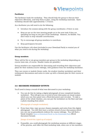 Facilitator

The facilitator leads the workshop. They should help the group to discuss their
objectives effectively, and help them to plan, using the workshop materials. Each
workshop should take approximately 1.5 hours.

As a facilitator you will need to do the following:

   •   Introduce the session (along with the group coordinator, if there is one).

   •   Keep an eye on the time (moving people on to the next task if they are
       spending too long on one part of the workshop). However, be flexible. You
       don’t want to stop valuable contributions.

   •   Try to encourage all group members to contribute.

   •   Keep participants focused.

Use the facilitator crib sheet (included in your Download Pack) to remind you of
what you need to do during the workshop.



Group members

There will be five or six group members per group in the workshop (depending on
course team size, of course. Smaller teams are possible.)

Group members are responsible for discussing and recording their objectives and
plans for their module/course redesign, with guidance from the workshop facilitator.

They use course or module theme cards, the student timeline worksheet and their
subsequent discussions and notes to come up with a themed plan for their course or
module.




3.6 RECORDING WORKSHOP OUTPUTS

You’ll need to keep a record of what was discussed in your workshop.

   •   You can do this by taking a digital photograph of your completed timeline
       worksheet. This will give you a record of your discussion as visual output,
       which you can then paste into a Word document and circulate. To take a
       photo of the whole timeline, you can put the worksheet on the floor and take
       a photo standing from above.

       [Photograph of sample worksheet]

   •   If you have time, type up your chosen examples and notes from this digital
       photograph. You will then have a written record of your discussions which
       you can use as groundwork evidence for course redesign. You will find a
       blank template [link to Download Pack] in the Download Pack (Word
       document format).

       [Image of word doc typed up of output]

   •   If possible, you could photograph the workshop sessions at different stages
       of the process, and video the final workshop task, when one or two members



                                                                                    15
 