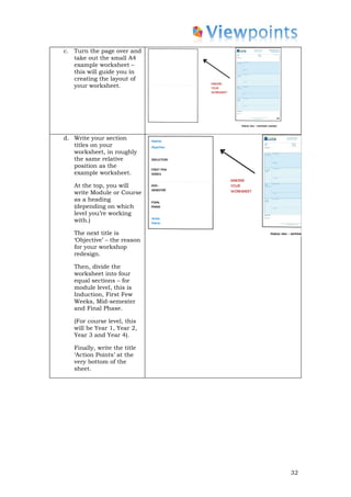 c. Turn the page over and
   take out the small A4
   example worksheet –
   this will guide you in
   creating the layout of
   your worksheet.




d. Write your section
   titles on your
   worksheet, in roughly
   the same relative
   position as the
   example worksheet.

   At the top, you will
   write Module or Course
   as a heading
   (depending on which
   level you’re working
   with.)

   The next title is
   ‘Objective’ – the reason
   for your workshop
   redesign.

   Then, divide the
   worksheet into four
   equal sections – for
   module level, this is
   Induction, First Few
   Weeks, Mid-semester
   and Final Phase.

   (For course level, this
   will be Year 1, Year 2,
   Year 3 and Year 4).

   Finally, write the title
   ‘Action Points’ at the
   very bottom of the
   sheet.




                              32
 