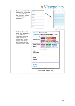 e. If you wish, divide off
   the sections using tape
   or a pen and ruler, so
   that you have distinct
   sections on your
   worksheet.




f.   You’re ready to start
     using your worksheet –
     as described in
     Chapter 3 - placing
     cards (which you
     should have already
     printed out) on the
     timeline and writing
     your own notes below.




                              33
 