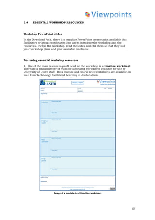 3.4    ESSENTIAL WORKSHOP RESOURCES



Workshop PowerPoint slides

In the Download Pack, there is a template PowerPoint presentation available that
facilitators or group coordinators can use to introduce the workshop and the
resources. Before the workshop, read the slides and edit them so that they suit
your workshop plans and your available timeframe.



Borrowing essential workshop resources

1. One of the main resources you’ll need for the workshop is a timeline worksheet.
There are a small number of reusable laminated worksheets available for use by
University of Ulster staff. Both module and course level worksheets are available on
loan from Technology Facilitated Learning in Jordanstown.




                       Image of a module-level timeline worksheet




                                                                                       15
 