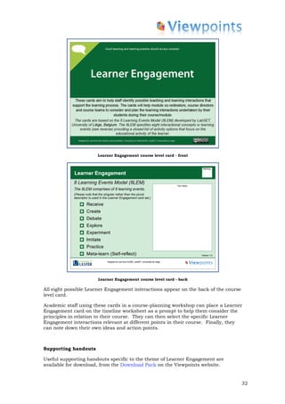 Learner Engagement course level card - front




                      Learner Engagement course level card - back

All eight possible Learner Engagement interactions appear on the back of the course
level card.

Academic staff using these cards in a course-planning workshop can place a Learner
Engagement card on the timeline worksheet as a prompt to help them consider the
principles in relation to their course. They can then select the specific Learner
Engagement interactions relevant at different points in their course. Finally, they
can note down their own ideas and action points.



Supporting handouts

Useful supporting handouts specific to the theme of Learner Engagement are
available for download, from the Download Pack on the Viewpoints website.


                                                                                      32
 