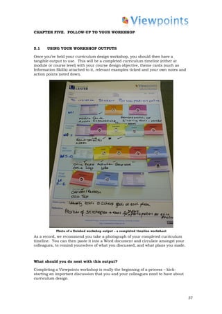 CHAPTER FIVE. FOLLOW-UP TO YOUR WORKSHOP



5.1    USING YOUR WORKSHOP OUTPUTS

Once you’ve held your curriculum design workshop, you should then have a
tangible output to use. This will be a completed curriculum timeline (either at
module or course level) with your course design objective, theme cards (such as
Information Skills) attached to it, relevant examples ticked and your own notes and
action points noted down.




            Photo of a finished workshop output – a completed timeline worksheet
As a record, we recommend you take a photograph of your completed curriculum
timeline. You can then paste it into a Word document and circulate amongst your
colleagues, to remind yourselves of what you discussed, and what plans you made.



What should you do next with this output?

Completing a Viewpoints workshop is really the beginning of a process – kick-
starting an important discussion that you and your colleagues need to have about
curriculum design.




                                                                                      37
 