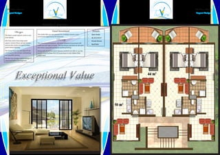 The View Resort                                                                                                                        The View Resort
  Layout Designs                                                                                                                          Layout Designs




                                                  Studio Layouts
              Design                                             Great Investment                                       Details
                                           The Studio flats are very popular for a holiday retreat or nice        •	   Open Studio
The View’s studio layouts come in one
                                           investment opportunity for everyone.
main design.                                                                                                      •	   40, 43, & 44 m2
All of the rooms have large open
                                                                       Serenity                                   •	   Private Terrace
spaces, ceramic floors, private terrace,   The charming atmosphere and quiet relaxing environment will
                                                                                                                  •	   Roof Patio
and are also nicely arranged to have       make you feel right at home. The sea breeze and fresh air also give
good natural lighting.                     the resort a peaceful wonderful soothing feeling.
The living rooms are very big and are      Along with all of these great features residents are able to use the
connected to the terrace overlooking       resorts many facilities that will assist them in any matters they
the beautiful scenery.                     might have.
We also can arrange custom designs if
requested before development.
 