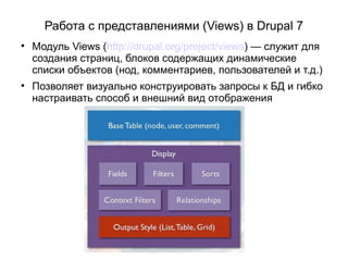Работа с представлениями (Views) в Drupal 7

    Модуль Views (http://drupal.org/project/views) — служит для
    создания страниц, блоков содержащих динамические
    списки объектов (нод, комментариев, пользователей и т.д.)

    Позволяет визуально конструировать запросы к БД и гибко
    настраивать способ и внешний вид отображения
 