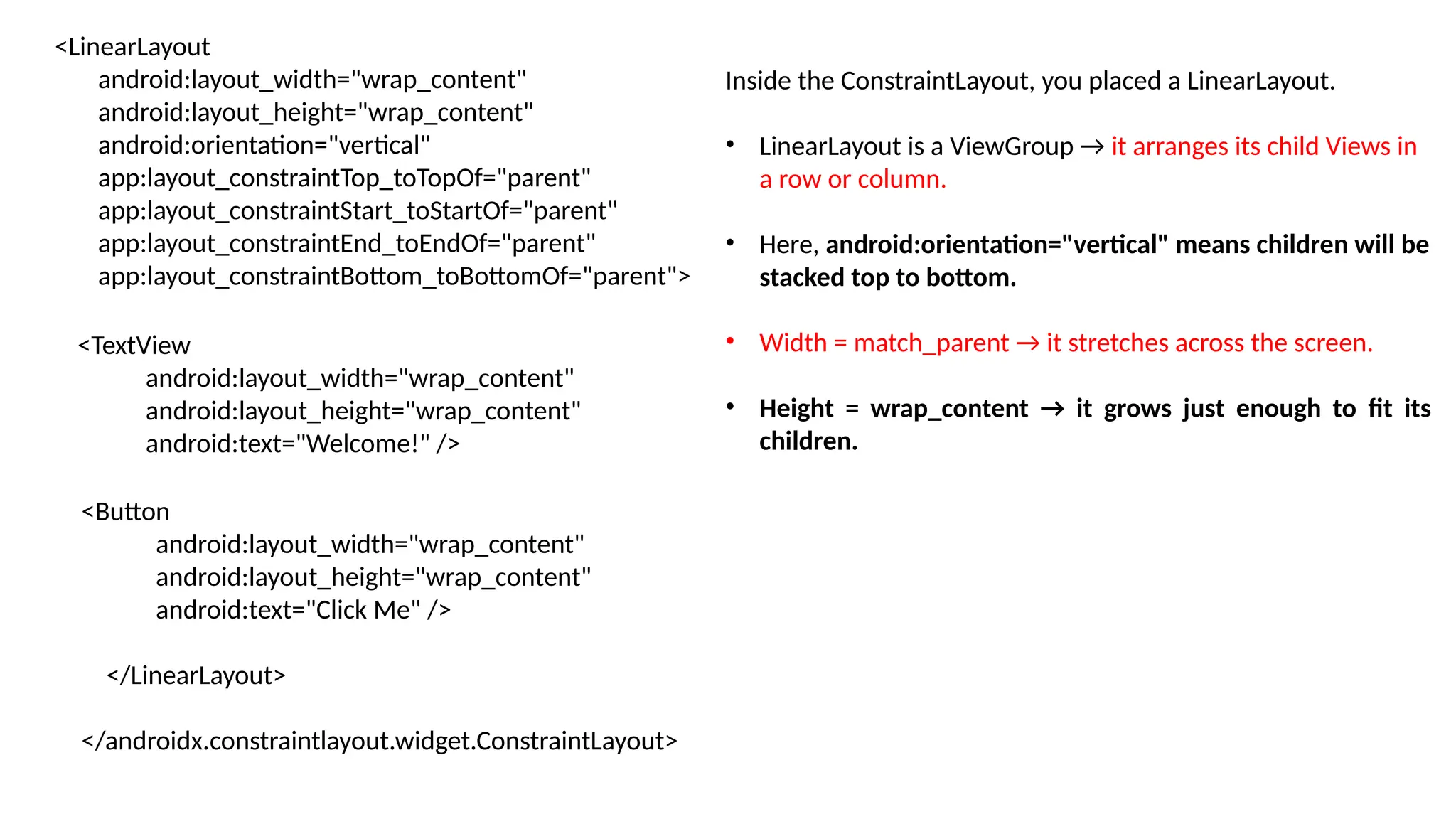 <LinearLayout android:layout_width="wrap_content" android:layout_height="wrap_content" android:orientation="vertical" app:layout_constraintTop_toTopOf="parent" app:layout_constraintStart_toStartOf="parent" app:layout_constraintEnd_toEndOf="parent" app:layout_constraintBottom_toBottomOf="parent"> <TextView android:layout_width="wrap_content" android:layout_height="wrap_content" android:text="Welcome!" /> <Button android:layout_width="wrap_content" android:layout_height="wrap_content" android:text="Click Me" /> </LinearLayout> </androidx.constraintlayout.widget.ConstraintLayout> Inside the ConstraintLayout, you placed a LinearLayout. • LinearLayout is a ViewGroup → it arranges its child Views in a row or column. • Here, android:orientation="vertical" means children will be stacked top to bottom. • Width = match_parent → it stretches across the screen. • Height = wrap_content → it grows just enough to fit its children. 