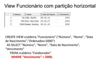 CREATE VIEW ccaldeira."Funcionário" ("Número", "Nome", "Data
de Nascimento","Ordenados<2000")
AS SELECT "Número", "Nome", "Data de Nascimento",
"Vencimento"
FROM ccaldeira."Colaborador"
WHERE "Vencimento" < 2000;
View Funcionário com partição horizontal
 