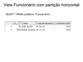 SELECT * FROM ccaldeira."Funcionário";
View Funcionário com partição horizontal
 