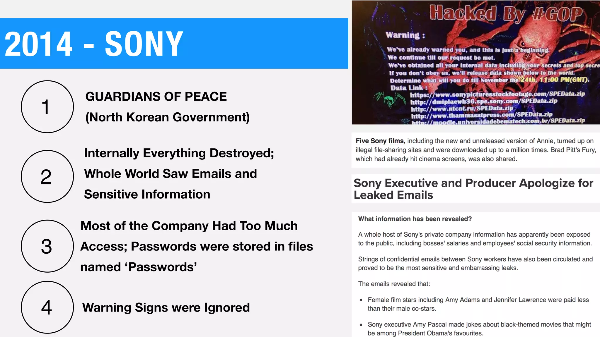 2014 - SONY
Internally Everything Destroyed;
Whole World Saw Emails and
Sensitive Information
Most of the Company Had Too Much
Access; Passwords were stored in ﬁles
named ‘Passwords’
GUARDIANS OF PEACE
(North Korean Government)
1
2
3
4 Warning Signs were Ignored
 