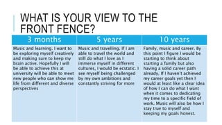 WHAT IS YOUR VIEW TO THE
FRONT FENCE?
3 months 5 years 10 years
Music and learning. I want to
be exploring myself creatively
and making sure to keep my
brain active. Hopefully I will
be able to achieve this at
university will be able to meet
new people who can show me
life from different and diverse
perspectives
Music and travelling. If I am
able to travel the world and
still do what I love as I
immerse myself in different
cultures, I would be ecstatic. I
see myself being challenged
by my own ambitions and
constantly striving for more
Family, music and career. By
this point I figure I would be
starting to think about
starting a family but also
having a solid career path
already. If I haven’t achieved
my career goals yet then I
would at least like a clear idea
of how I can do what I want
when it comes to dedicating
my time to a specific field of
work. Music will also be how I
stay true to myself and
keeping my goals honest.
 