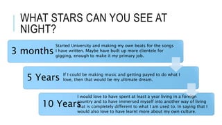 WHAT STARS CAN YOU SEE AT
NIGHT?
3 months
5 Years
10 Years
Started University and making my own beats for the songs
I have written. Maybe have built up more clientele for
gigging, enough to make it my primary job.
If I could be making music and getting payed to do what I
love, then that would be my ultimate dream.
I would love to have spent at least a year living in a foreign
country and to have immersed myself into another way of living
that is completely different to what I am used to. In saying that I
would also love to have learnt more about my own culture.
 