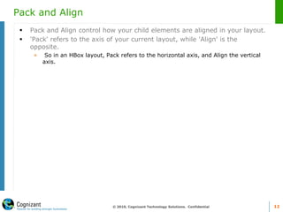Pack and Align
 Pack and Align control how your child elements are aligned in your layout.
 'Pack' refers to the axis of your current layout, while 'Align' is the
opposite.
» So in an HBox layout, Pack refers to the horizontal axis, and Align the vertical
axis.
© 2010, Cognizant Technology Solutions. Confidential 12
 