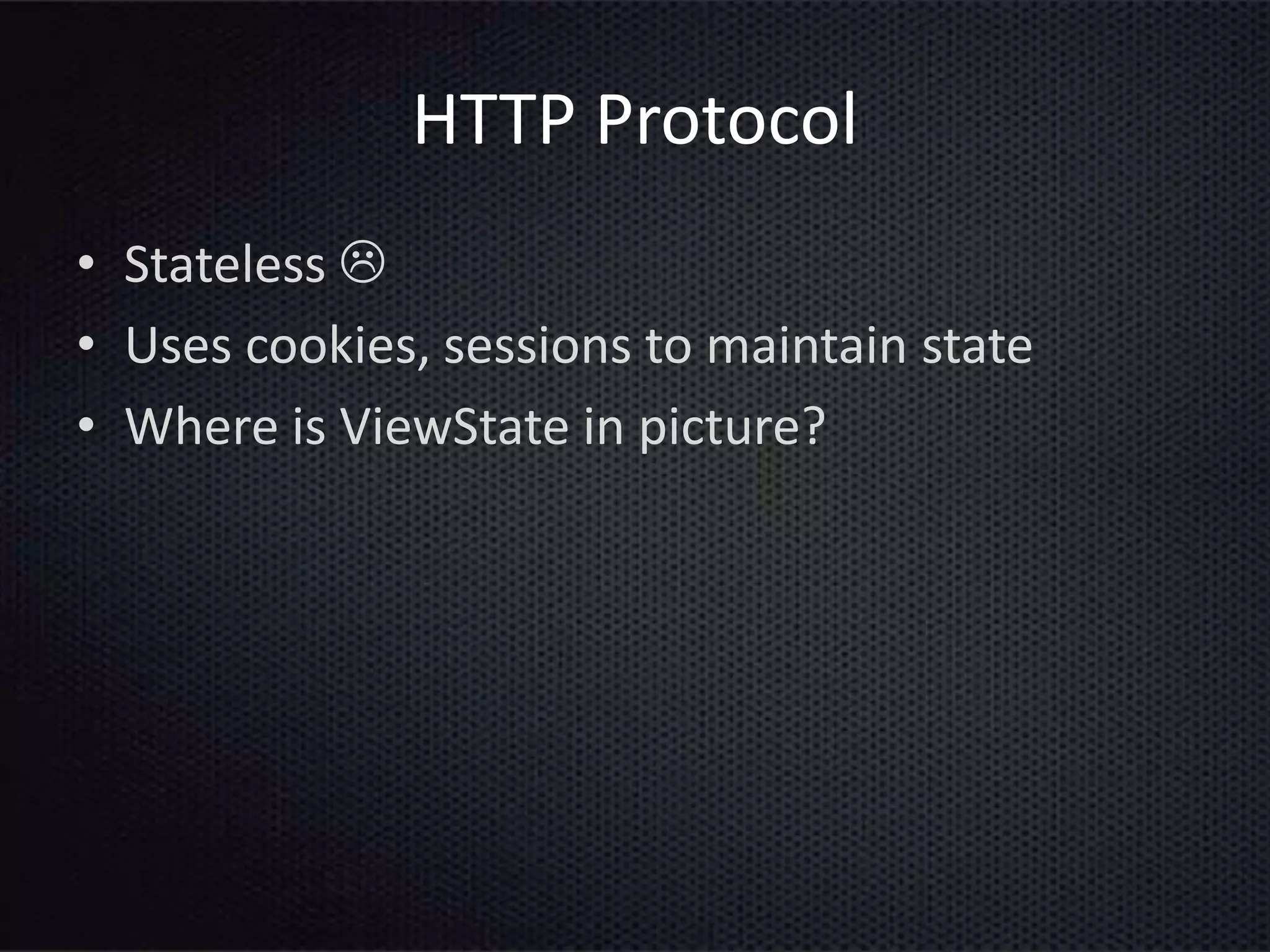 HTTP Protocol
• Stateless 
• Uses cookies, sessions to maintain state
• Where is ViewState in picture?
 