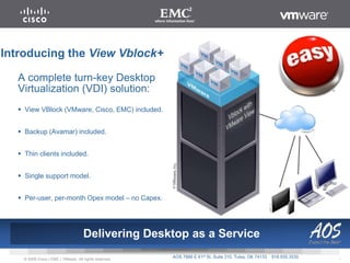 1© 2009 Cisco | EMC | VMware. All rights reserved.
Introducing the View Vblock+
A complete turn-key Desktop
Virtualization (VDI) solution:
 View VBlock (VMware, Cisco, EMC) included.
 Backup (Avamar) included.
 Thin clients included.
 Single support model.
 Per-user, per-month Opex model – no Capex.
Delivering Desktop as a Service
AOS 7666 E 61st St, Suite 310, Tulsa, OK 74133 918.935.3530
 
