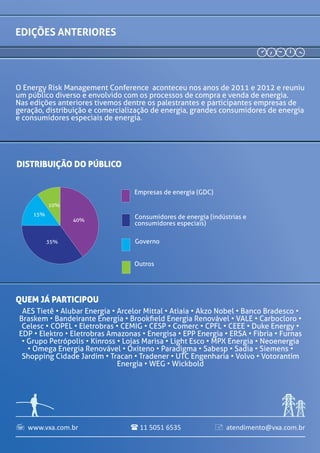 O Energy Risk Management Conference aconteceu nos anos de 2011 e 2012 e reuniu
um público diverso e envolvido com os processos de compra e venda de energia.
Nas edições anteriores tivemos dentre os palestrantes e participantes empresas de
geração, distribuição e comercialização de energia, grandes consumidores de energia
e consumidores especiais de energia.
distribuição do público
edições anteriores
AES Tietê • Alubar Energia • Arcelor Mittal • Atiaia • Akzo Nobel • Banco Bradesco •
Braskem • Bandeirante Energia • Brookfield Energia Renovável • VALE • Carbocloro •
Celesc • COPEL • Eletrobras • CEMIG • CESP • Comerc • CPFL • CEEE • Duke Energy •
EDP • Elektro • Eletrobras Amazonas • Energisa • EPP Energia • ERSA • Fibria • Furnas
• Grupo Petrópolis • Kinross • Lojas Marisa • Light Esco • MPX Energia • Neoenergia
• Omega Energia Renovável • Oxiteno • Paradigma • Sabesp • Sadia • Siemens •
Shopping Cidade Jardim • Tracan • Tradener • UTC Engenharia • Volvo • Votorantim
Energia • WEG • Wickbold
QUEM JÁ PARTICIPOU
www.vxa.com.br atendimento@vxa.com.br11 5051 6535  
35%
40%
35%
15%
10%
Empresas de energia (GDC)
Consumidores de energia (indústrias e
consumidores especiais)
Governo
Outros
 