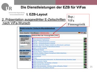 Die Dienstleistungen der EZB für ViFas
     Universitätsbibliothek   I. EZB-Layout
                                             Bsp.:
2. Präsentation ausgewählter E-Zeitschriften ViFa
nach ViFa-Wunsch                             Finnougristik




                              Die Dienstleistungen der EZB für ViFas   25
 