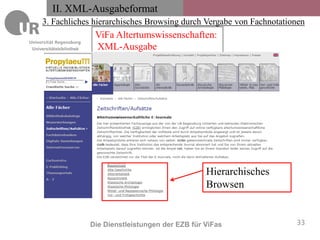 II. XML-Ausgabeformat
    3. Fachliches hierarchisches Browsing durch Vergabe von Fachnotationen
                          ViFa Altertumswissenschaften:
Universitätsbibliothek    XML-Ausgabe




                                                          Hierarchisches
                                                          Browsen


                         Die Dienstleistungen der EZB für ViFas            33
 