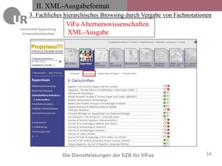 II. XML-Ausgabeformat
    3. Fachliches hierarchisches Browsing durch Vergabe von Fachnotationen
                          ViFa Altertumswissenschaften
Universitätsbibliothek    XML-Ausgabe




                         Die Dienstleistungen der EZB für ViFas        34
 