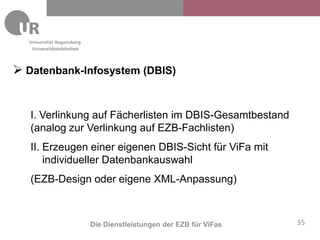 Universitätsbibliothek




 Datenbank-Infosystem (DBIS)


   I. Verlinkung auf Fächerlisten im DBIS-Gesamtbestand
   (analog zur Verlinkung auf EZB-Fachlisten)
   II. Erzeugen einer eigenen DBIS-Sicht für ViFa mit
       individueller Datenbankauswahl
   (EZB-Design oder eigene XML-Anpassung)



                            Die Dienstleistungen der EZB für ViFas   35
 