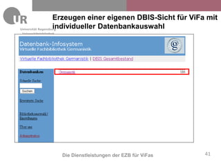 Erzeugen einer eigenen DBIS-Sicht für ViFa mit
                    individueller Datenbankauswahl
Universitätsbibliothek




                         Die Dienstleistungen der EZB für ViFas   41
 