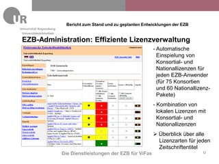Bericht zum Stand und zu geplanten Entwicklungen der EZB
Universitätsbibliothek

EZB-Administration: Effiziente Lizenzverwaltung
                                                                 - Automatische
                                                                   Einspielung von
                                                                   Konsortial- und
                                                                   Nationallizenzen für
                                                                   jeden EZB-Anwender
                                                                   (für 75 Konsortien
                                                                   und 60 Nationallizenz-
                                                                   Pakete)
                                                                 - Kombination von
                                                                   lokalen Lizenzen mit
                                                                   Konsortial- und
                                                                   Nationallizenzen
                                                                 Überblick über alle
                                                                  Lizenzarten für jeden
                                                                  Zeitschriftentitel
                         Die Dienstleistungen der EZB für ViFas                      6
 