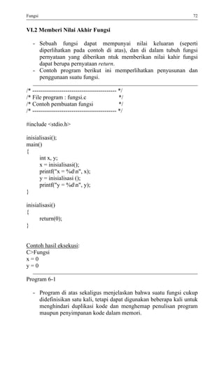 Fungsi 72 
VI.2 Memberi Nilai Akhir Fungsi 
- Sebuah fungsi dapat mempunyai nilai keluaran (seperti diperlihatkan pada contoh di atas), dan di dalam tubuh fungsi pernyataan yang diberikan ntuk memberikan nilai kahir fungsi dapat berupa pernyataan return. 
- Contoh program berikut ini memperlihatkan penyusunan dan penggunaan suatu fungsi. 
/* ------------------------------------------- */ 
/* File program : fungsi.c */ 
/* Contoh pembuatan fungsi */ 
/* ------------------------------------------- */ 
#include <stdio.h> 
inisialisasi(); 
main() 
{ 
int x, y; 
x = inisialisasi(); 
printf("x = %dn", x); 
y = inisialisasi (); 
printf("y = %dn", y); 
} 
inisialisasi() 
{ 
return(0); 
} 
Contoh hasil eksekusi: 
C>Fungsi 
x = 0 
y = 0 
Program 6-1 
- Program di atas sekaligus menjelaskan bahwa suatu fungsi cukup didefinisikan satu kali, tetapi dapat digunakan beberapa kali untuk menghindari duplikasi kode dan menghemap penulisan program maupun penyimpanan kode dalam memori.  