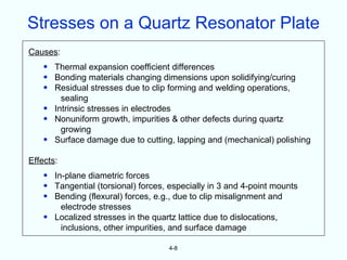 Stresses on a Quartz Resonator Plate
Causes:
    • Thermal expansion coefficient differences
    • Bonding materials changing dimensions upon solidifying/curing
    • Residual stresses due to clip forming and welding operations,
        sealing
    • Intrinsic stresses in electrodes
    • Nonuniform growth, impurities & other defects during quartz
        growing
    • Surface damage due to cutting, lapping and (mechanical) polishing

Effects:
    • In-plane diametric forces
    • Tangential (torsional) forces, especially in 3 and 4-point mounts
    • Bending (flexural) forces, e.g., due to clip misalignment and
        electrode stresses
    • Localized stresses in the quartz lattice due to dislocations,
        inclusions, other impurities, and surface damage

                                     4-8
 