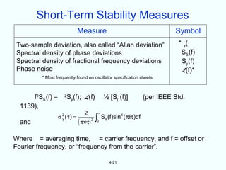 Short-Term Stability Measures
                             Measure                                            Symbol
 Two-sample deviation, also called “Allan deviation”                             * y(
 Spectral density of phase deviations                                             SS (f)
 Spectral density of fractional frequency deviations                              Sy(f)
 Phase noise                                                                      L(f)*
          * Most frequently found on oscillator specification sheets



      f2SS (f) =         Sy(f); L(f)
                         2
                                                ½ [S( (f)]            (per IEEE Std.
  1139),
                               2           ∞
                   σ ( τ) =            ∫       S φ (f)sin4 ( πfτ)df
                     2

  and
                     y
                            ( πντ) 2   0




Where = averaging time, = carrier frequency, and f = offset or
Fourier frequency, or “frequency from the carrier”.

                                                   4-21
 