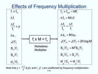 Effects of Frequency Multiplication
    fi ≡ fin                                           fo ≡ fout = Mfi

   Δ fi                                                Δ fo = MΔ fi

    Δ fi                                               Δ fo Δ fi
         ≡y                                                =
     fi                                                 fo   fi

   Δφ i                                                Δ φo = M∆φ i
                           f i x M = fo                L ( f ) o = L ( f ) i + 20 log M
    L( f )i
                             Noiseless
    Sφ ( f ) i                                         Sφ ( f ) o = M2S φ ( f ) i
                             Multiplier
    Sy ( f )i                                          Sy ( f ) o = Sy ( f )i

    σ y ( τ) i                                         σ y ( τ) o = σ y ( τ) i
                 ( f
Note that y =       , Sy(f), and ( y(f ) are unaffected by frequency multiplication.
                  f                          4-39
 