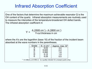 Infrared Absorption Coefficient
One of the factors that determine the maximum achievable resonator Q is the
OH content of the quartz. Infrared absorption measurements are routinely used
to measure the intensities of the temperature-broadened OH defect bands.
The infrared absorption coefficient m


                        A (3500 cm-1) - A (3800 cm-1)
                     Y=    Y-cut thickness in cm

where the A’s are the logarithm (base 10) of the fraction of the incident beam
absorbed at the wave numbers in the parentheses.
                              Grade          E, in cm-1       Approx. max. Q*
                                A               0.03                3.0
                                B             0.045                 2.2
                                C             0.060                 1.8
                                D               0.12                1.0
                                E               0.25                0.5
                * In millions, at 5 MHz (r is a quality indicator for unswept quartz only).


                                                  5-12
 
