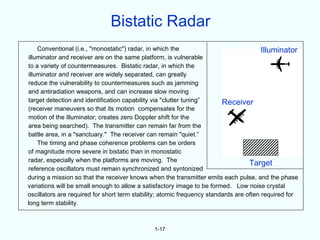 Bistatic Radar
    Conventional (i.e., "monostatic") radar, in which the                               Illuminator
illuminator and receiver are on the same platform, is vulnerable
to a variety of countermeasures. Bistatic radar, in which the
illuminator and receiver are widely separated, can greatly
reduce the vulnerability to countermeasures such as jamming
and antiradiation weapons, and can increase slow moving
target detection and identification capability via "clutter tuning”      Receiver
(receiver maneuvers so that its motion compensates for the
motion of the illuminator; creates zero Doppler shift for the
area being searched). The transmitter can remain far from the
battle area, in a "sanctuary." The receiver can remain "quiet.”
    The timing and phase coherence problems can be orders
of magnitude more severe in bistatic than in monostatic
radar, especially when the platforms are moving. The
                                                                                   Target
reference oscillators must remain synchronized and syntonized
during a mission so that the receiver knows when the transmitter emits each pulse, and the phase
variations will be small enough to allow a satisfactory image to be formed. Low noise crystal
oscillators are required for short term stability; atomic frequency standards are often required for
long term stability.



                                              1-17
 