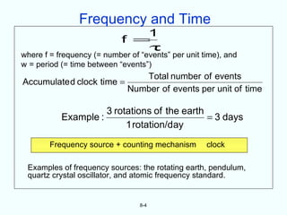 Frequency and Time
                               1
                            f =
                               τ
where f = frequency (= number of “events” per unit time), and
w = period (= time between “events”)
                             Total number of events
Accumulate d clock time =
                          Number of events per unit of time

                     3 rotations of the earth
           Example :                          = 3 days
                          1 rotation/day
        Frequency source + counting mechanism       clock

 Examples of frequency sources: the rotating earth, pendulum,
 quartz crystal oscillator, and atomic frequency standard.


                                 8-4
 
