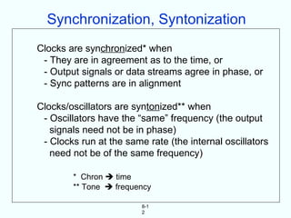 Synchronization, Syntonization
Clocks are synchronized* when
 - They are in agreement as to the time, or
 - Output signals or data streams agree in phase, or
 - Sync patterns are in alignment

Clocks/oscillators are syntonized** when
 - Oscillators have the “same” frequency (the output
   signals need not be in phase)
 - Clocks run at the same rate (the internal oscillators
   need not be of the same frequency)

        * Chron  time
        ** Tone  frequency

                         8-1
                         2
 