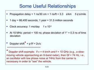 Some Useful Relationships
• Propagation delay = 1 ns/30 cm = 1 ns/ft = 3.3     s/km    5   s/mile

• 1 day = 86,400 seconds; 1 year = 31.5 million seconds

• Clock accuracy: 1 ms/day                1 x 10-8

• At 10 MHz: period = 100 ns; phase deviation of 1° = 0.3 ns of time
  deviation


                    *
• Doppler shift = p f/f = 2v/c
 --------------------------------------
* Doppler shift example:   if v = 4 km/h and f = 10 GHz (e.g., a slow-
moving vehicle approaching an X-band radar), then Gf = 74 Hz, i.e.,
an oscillator with low phase noise at 74Hz from the carrier is
necessary in order to "see" the vehicle.
                                            8-24
 