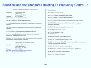 Specifications And Standards Relating To Frequency Control - 1
                Institute Of Electrical & Electronic Engineers (IEEE)
                                                       g                            General Specs for:

  Order from:          IEEE Service Center                                          MIL-C-3098 Crystal Unit, Quartz
                       445 Hoes Lane
                       Piscataway, NJ 08854                                         MIL-C-24523 (SHIPS) Chronometer, Quartz Crystal
  Telephone:           (732) 981-0060
  http://standards.ieee.org/catalog/contents.html                                   MIL-F-15733 Filters & Capacitors, Radio Interference

  176-1987 (ANSI/IEEE) Standard on Piezoelectricity                                 MIL-F-18327 Filters, High Pass, Band Pass Suppression and Dual Processing

  177-1966 Standard Definitions & Methods of Measurements of Piezoelectric          MIL-F-28861 Filters and Capacitors, Radio Frequency Electro-magnetic
  Vibrators                                                                         Interference Suppression

  180-1986 (ANSI/IEEE) Definitions of Primary Ferroelectric Crystal Terms           MIL-F-28811 Frequency Standard, Cesium Beam Tube
  (SH10553)
                                                                                    MIL-H-10056 Holders (Encl), Crystal
  319-1971 (Reaff 1978) Piezomagnetic Nomenclature (SH02360)
                                                                                    MIL-O-55310 Oscillators, Crystal
  1139-1988 Standard Definitions of Physical Quantities for Fundamental             MIL-O-39021 Oven
  Frequency & Time Metrology (SH12526)
                                                                                    MIL-S-4933(ER) Surface Acoustic Wave Devices
  IEEE Std 1193-1994 (ANSI) IEEE Guide for Measurement of Environmental
  Sensitivities of Standard Frequency Generators                                    MIL-STD-683 Crystal Units, Quartz/Holders, Crystal

                      Department of Defense (DOD)                                   MIL-STD-188-115 Interoperability & Performance Standards for Communications,
                                                                                    Timing & Synchron-ization Subsystems
  Order from:           Naval Pubs & Form Center
                        5801 Tabor Avenue                                           MIL-STD-1395 Filters & Networks, Selection & Use
                        Philadelphia, PA 19120
  Telephone:            (215) 697-2000                                              MIL-T-28816(EC) Time Frequency Standard, Disciplined AN/URQ-23
  http://www.dscc.dla.mil/Programs/MilSpec/default.asp
  http://stinet.dtic.mil/str/dodiss4_fields.html                                    MIL-W-46374D Watch, wrist: General purpose

                                                                                    MIL-W-87967 Watch, wrist: Digital




                                                                             10-2
 